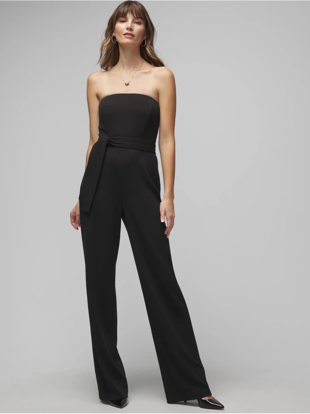 White House Black Market Black Strapless Wide-Leg Jumpsuit with Waist Tie